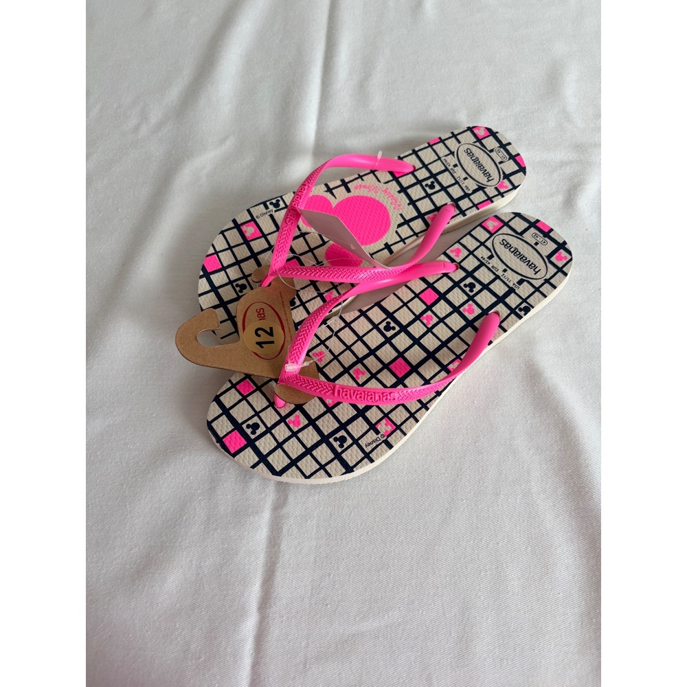 Havaianas Disney Mickey Mouse Flip Flops 11/12 Beige Pink NEW Grid Sandals